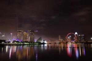 Night view of Marina Bay Sands and the Singapore Flyer, symbolizing the economic success of the Asia-Pacific region.