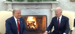 President Elect Donald Trump and President Joe Biden Handshake 2024 Oval Office