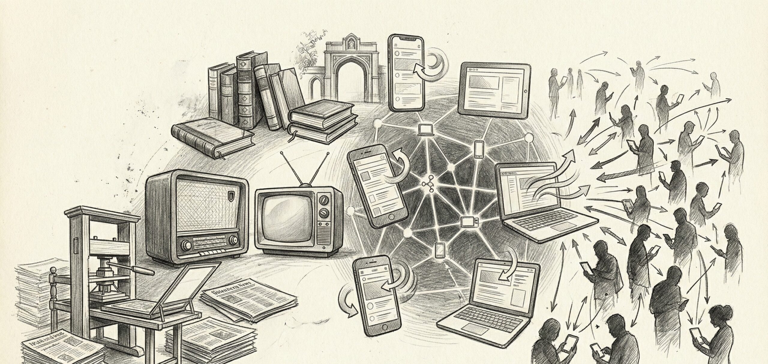 Realistic pencil sketch showing the transition from printing presses and old radios to modern digital devices and social networks