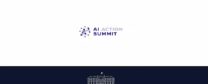 The official logo of the AI Action Summit 2025 featuring a stylized network 'A' and the French flag over a line drawing of the Élysée Palace.
