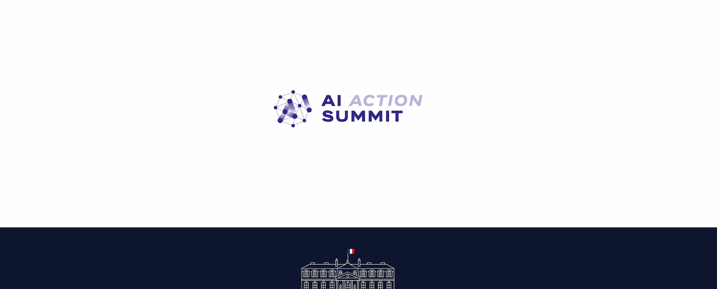 The official logo of the AI Action Summit 2025 featuring a stylized network 'A' and the French flag over a line drawing of the Élysée Palace.