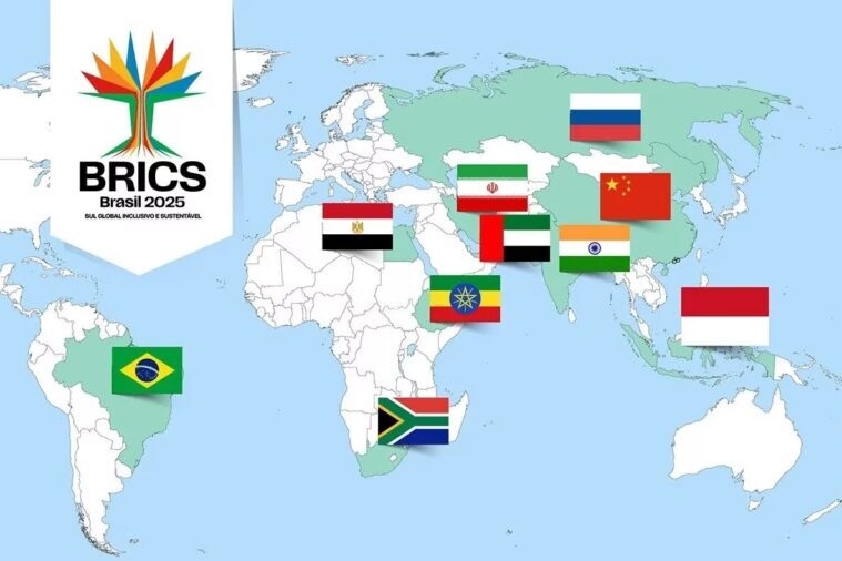 A world map highlighting the expanded BRICS member countries in 2025, including original members and new additions like Egypt, Ethiopia, Iran, and the UAE, illustrating a shift toward a multipolar global economy.