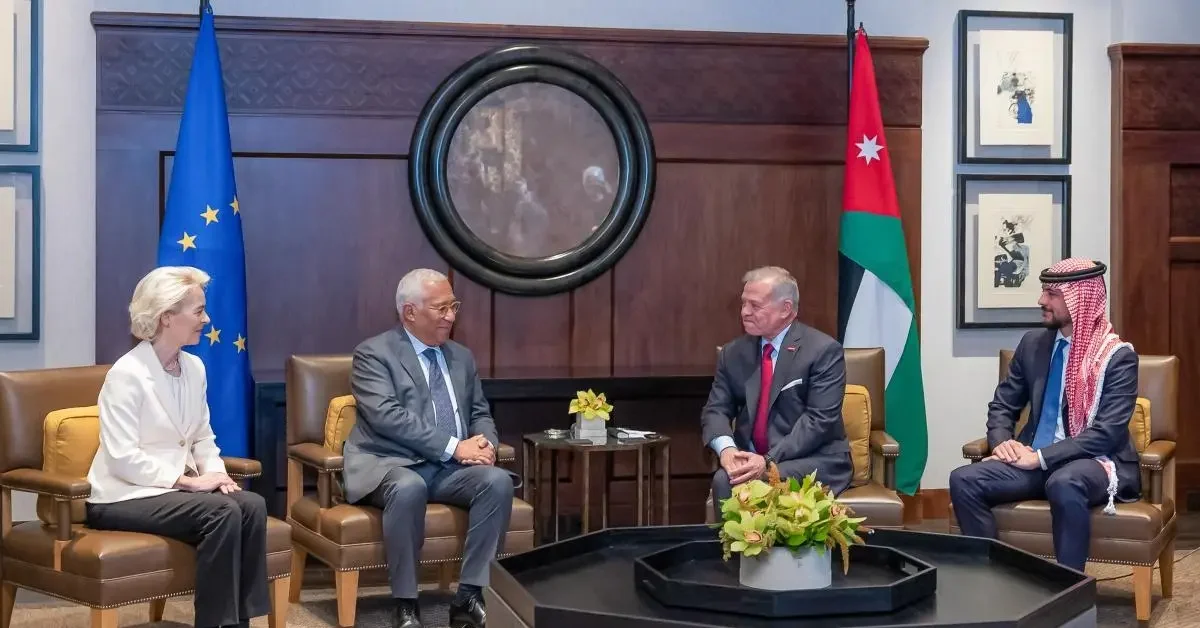 King Abdullah II, Crown Prince Hussein, António Costa and Ursula von der Leyen attend the first EU-Jordan Summit in Amman on 8 January 2026.