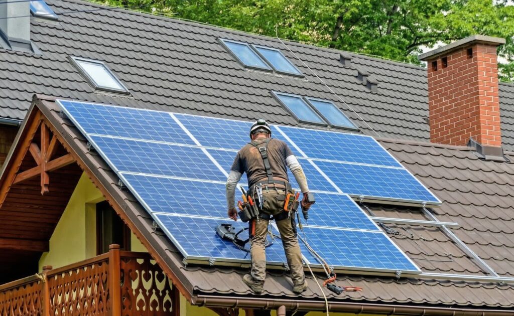 A worker in a safety harness viewed from behind installing a residential solar panel system on a brown-tiled roof.