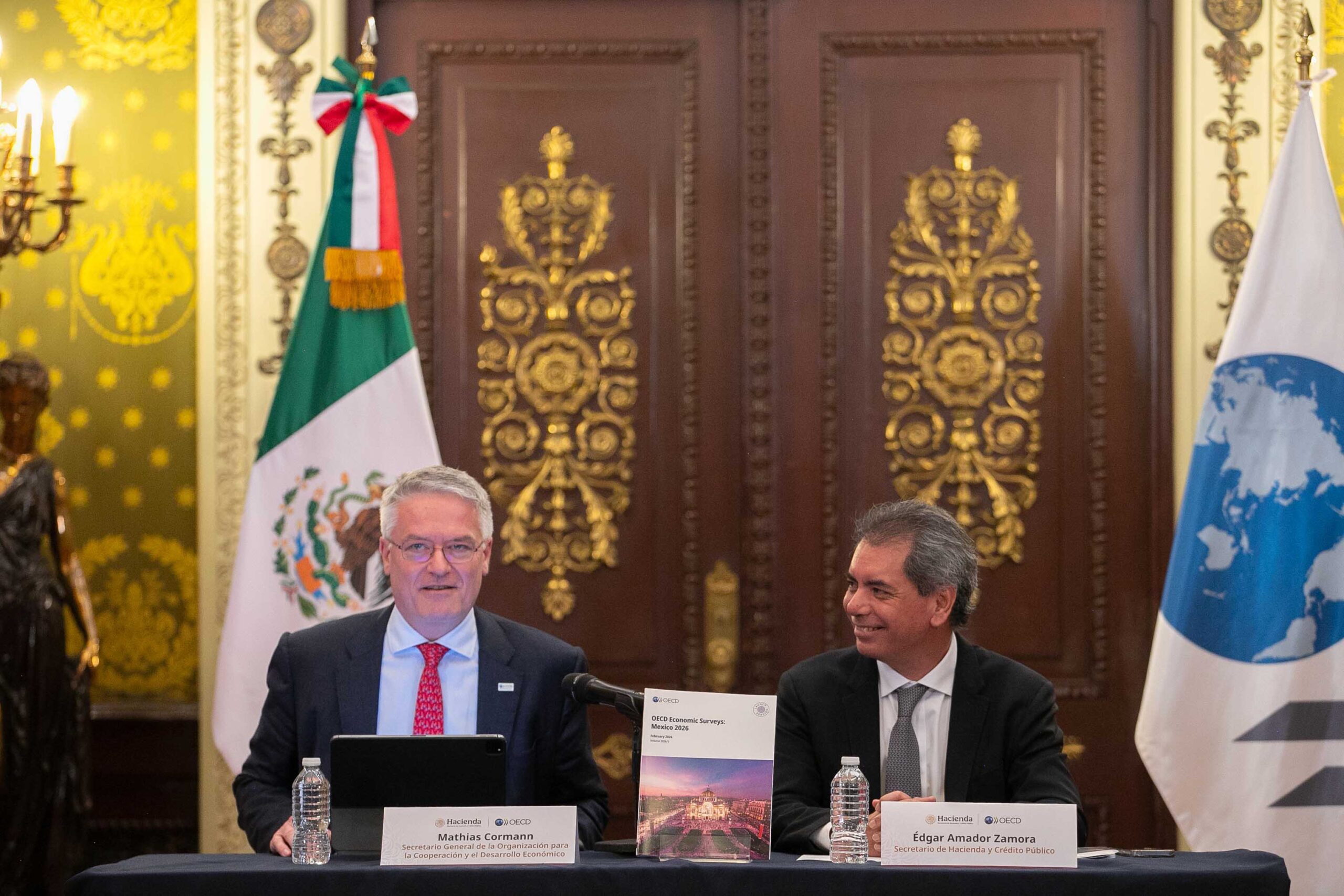 Edgar Amador and Mathias Cormann at OECD Mexico 2026 Economic Survey launch.