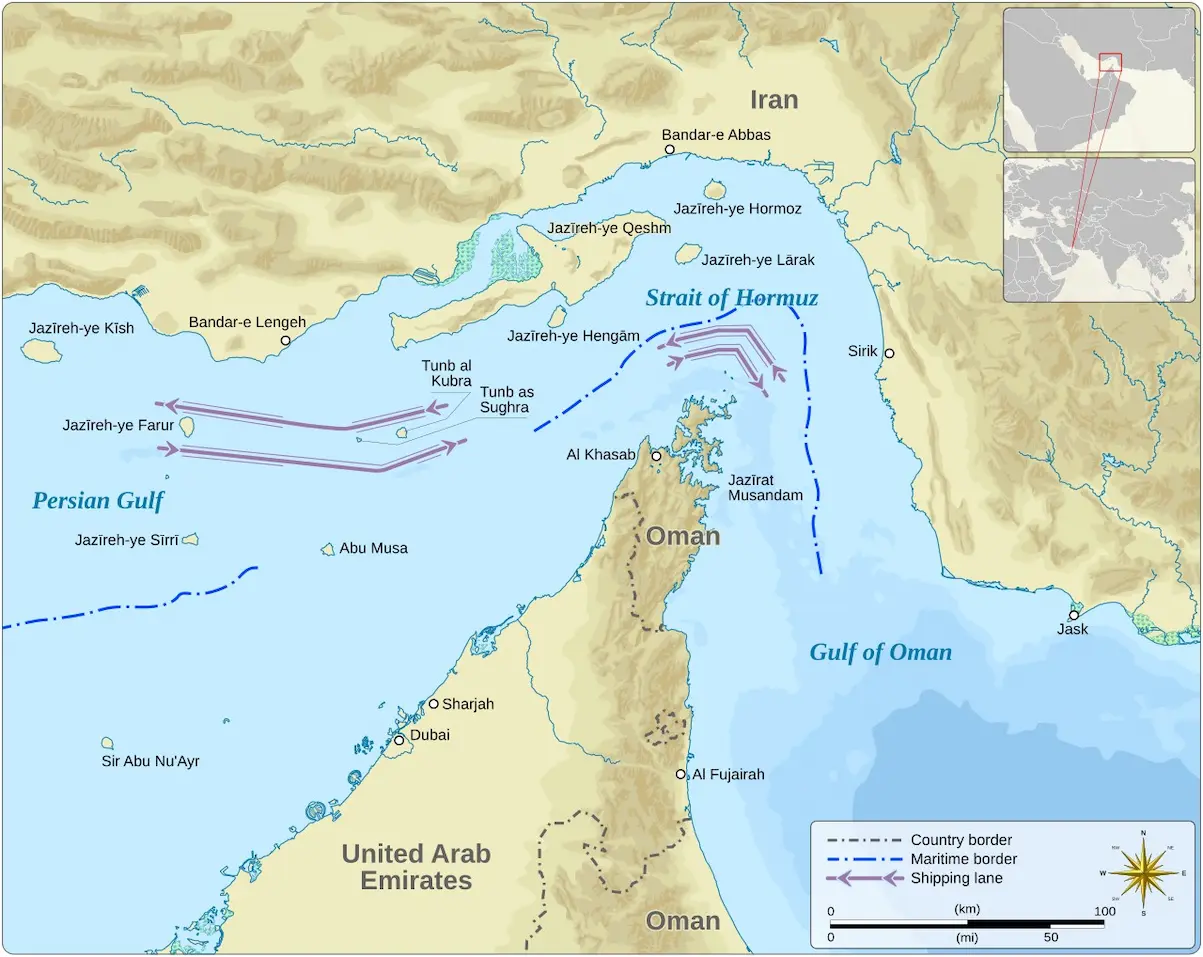 A detailed map showing the Strait of Hormuz chokepoint between Iran, Oman, and the United Arab Emirates.