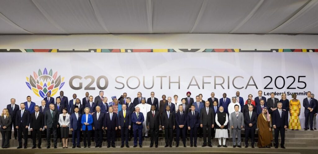 World leaders and invited representatives pose for the G20 Leaders’ Summit family photo in Johannesburg, South Africa, in 2025.