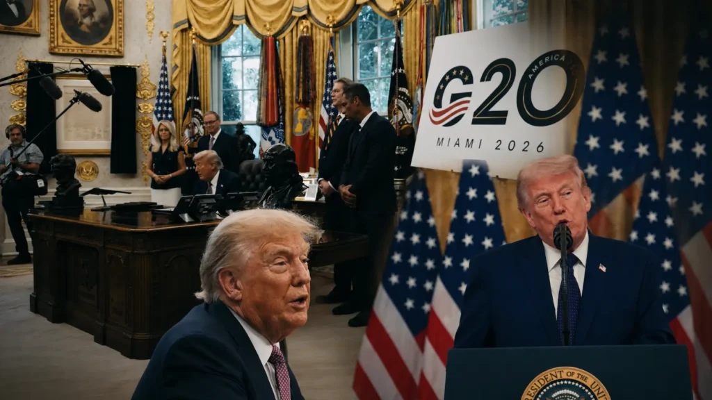 Official White House video showing the U.S. President during a G20 Miami 2026 announcement inside the White House.