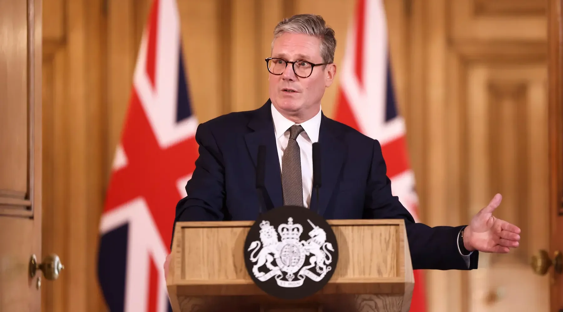 UK Prime Minister Keir Starmer speaks during his first press conference at 10 Downing Street in London.
