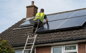 Worker seen from behind installing solar panels on the roof of a brick house in the UK, with a ladder, safety harness, and cloudy sky in the background.