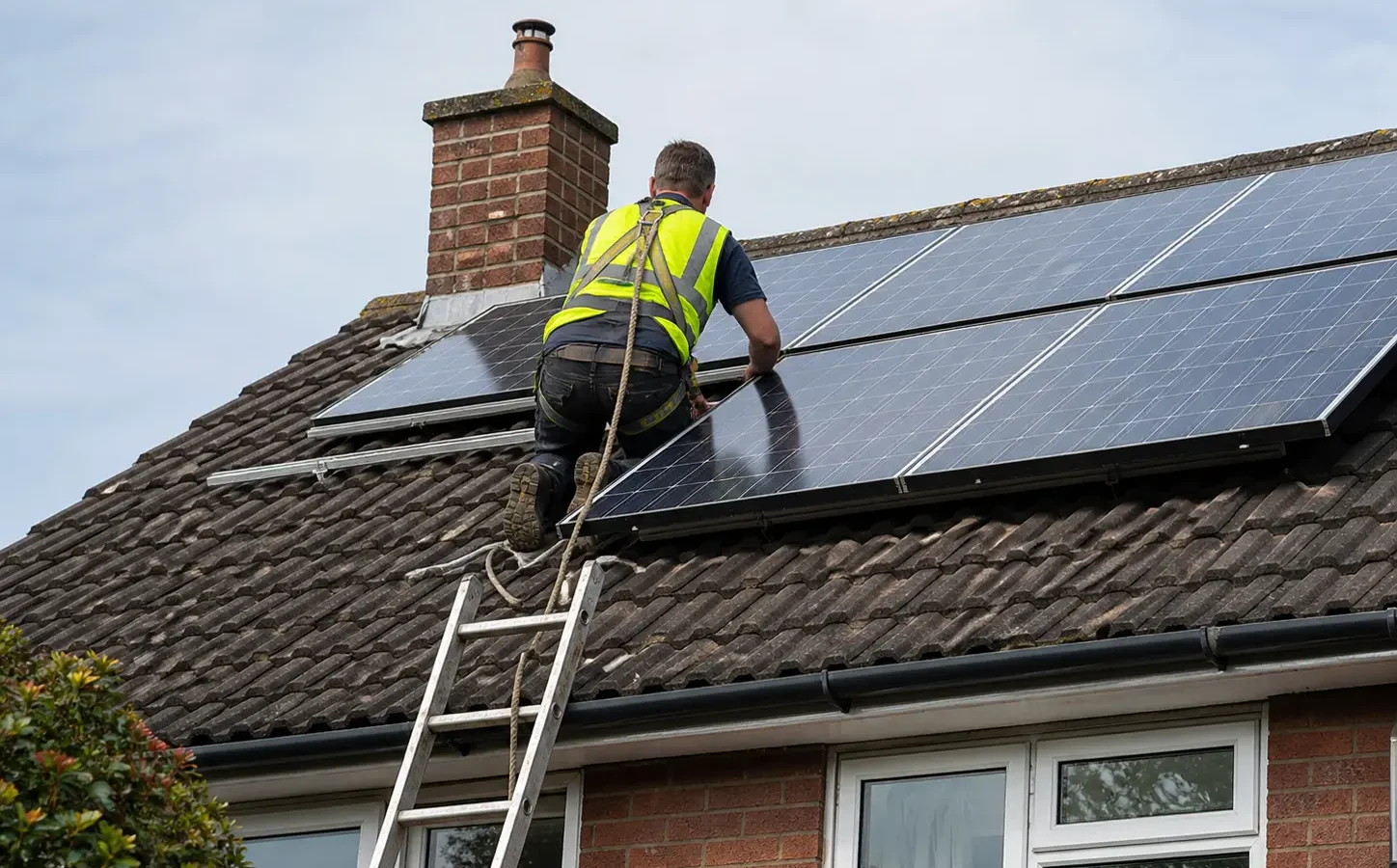 Worker seen from behind installing solar panels on the roof of a brick house in the UK, with a ladder, safety harness, and cloudy sky in the background.