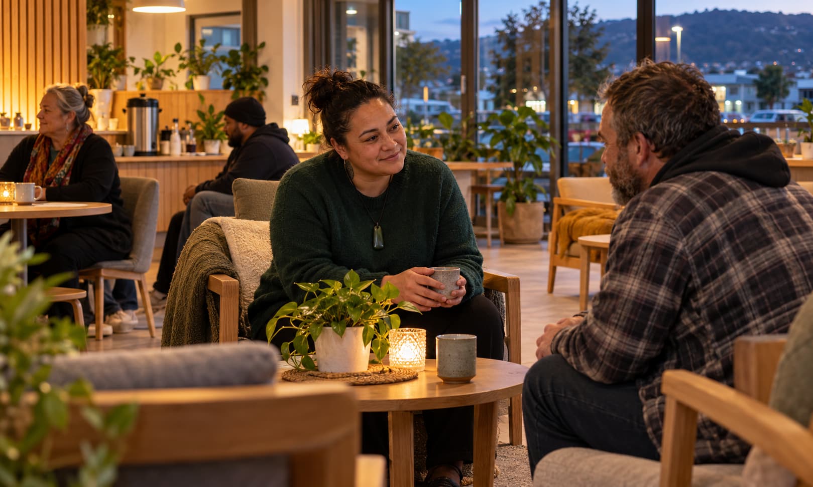A welcoming community café where people engage in supportive conversations in a relaxed and comfortable environment, highlighting mental health and wellbeing services.